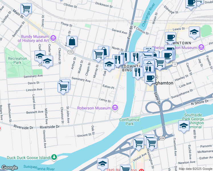 map of restaurants, bars, coffee shops, grocery stores, and more near 16 Eaton Place in Binghamton
