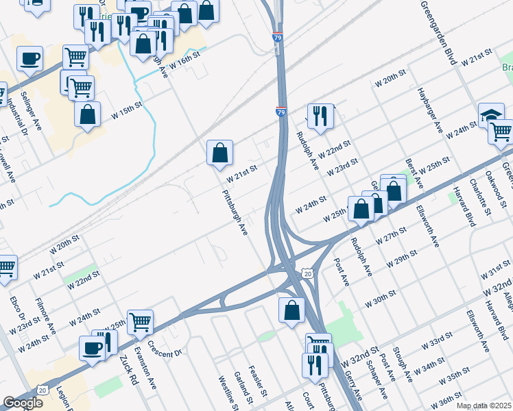 map of restaurants, bars, coffee shops, grocery stores, and more near 2140 West 23rd Street in Erie