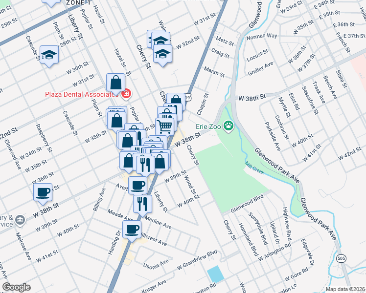 map of restaurants, bars, coffee shops, grocery stores, and more near 3727 Cherry St in Erie