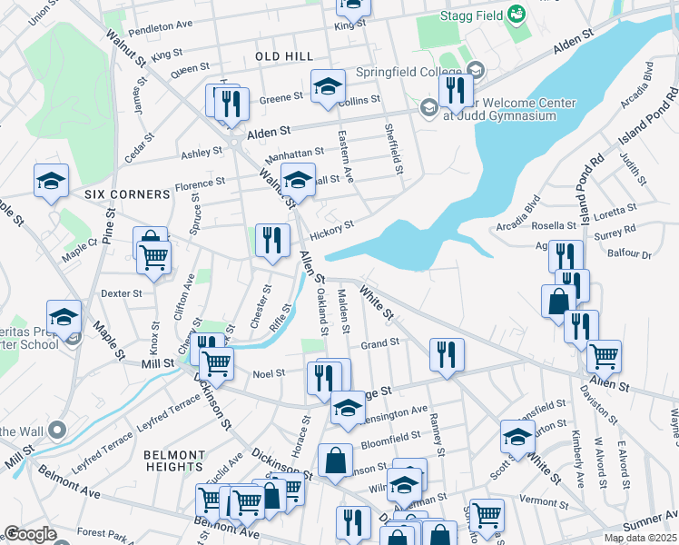 map of restaurants, bars, coffee shops, grocery stores, and more near 1 Allen Street in Springfield