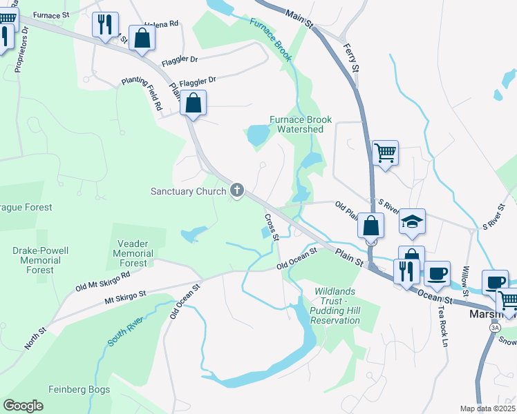 map of restaurants, bars, coffee shops, grocery stores, and more near 165 Plain Street in Marshfield