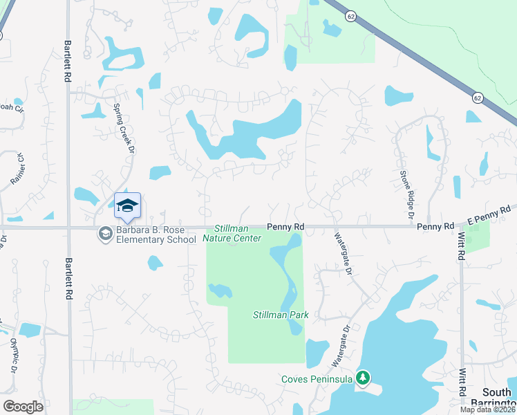 map of restaurants, bars, coffee shops, grocery stores, and more near 36 West Penny Road in South Barrington