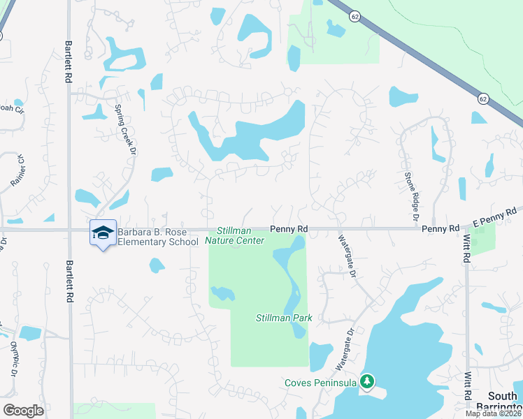 map of restaurants, bars, coffee shops, grocery stores, and more near 36 West Penny Road in South Barrington