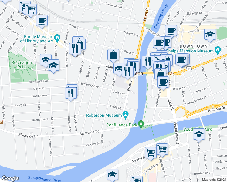 map of restaurants, bars, coffee shops, grocery stores, and more near 84 Oak Street in Binghamton