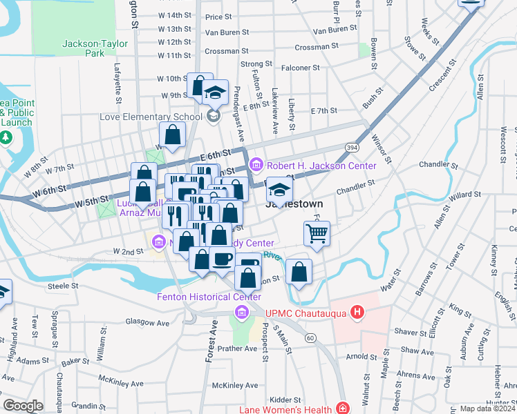 map of restaurants, bars, coffee shops, grocery stores, and more near in Jamestown