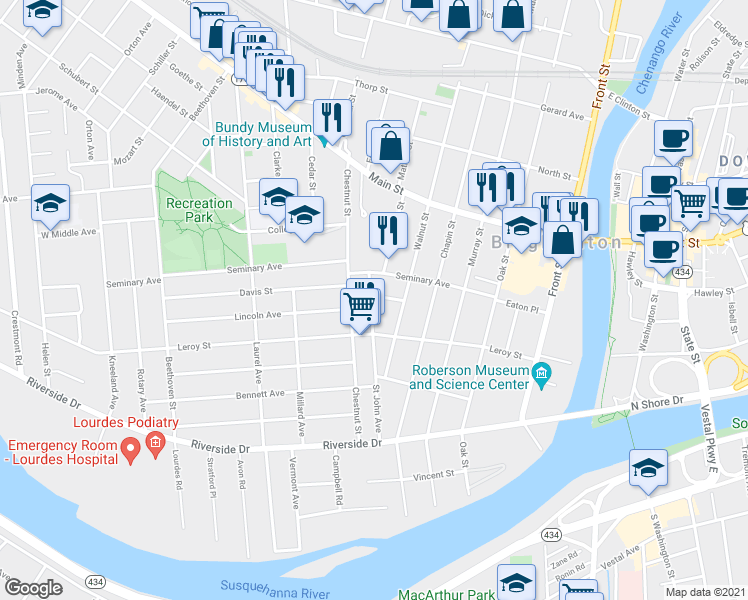 map of restaurants, bars, coffee shops, grocery stores, and more near 62 Saint John Avenue in Binghamton
