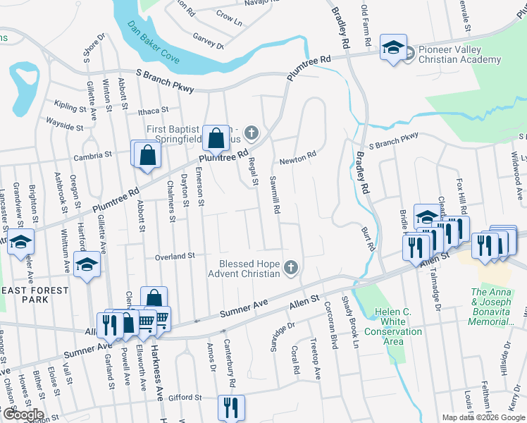 map of restaurants, bars, coffee shops, grocery stores, and more near 76 Regal Street in Springfield