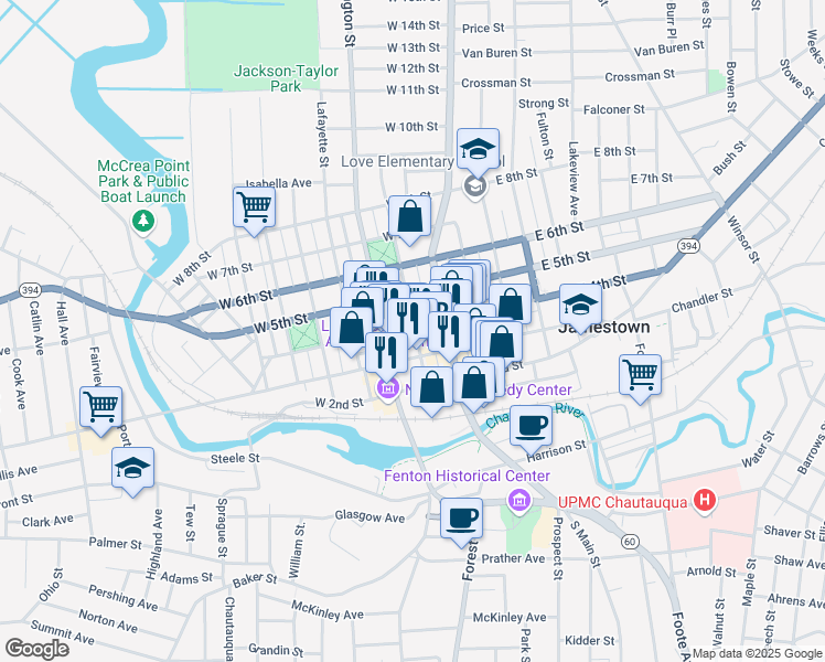 map of restaurants, bars, coffee shops, grocery stores, and more near 401 N Main St in Jamestown
