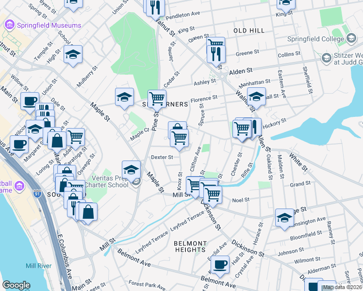 map of restaurants, bars, coffee shops, grocery stores, and more near 54-56 Foster Street in Springfield
