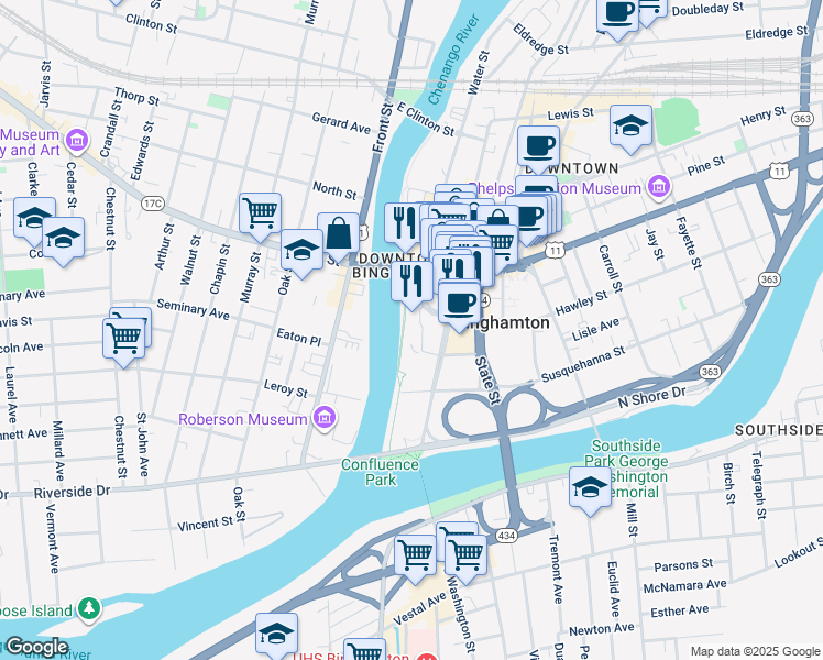 map of restaurants, bars, coffee shops, grocery stores, and more near 2-8 Hawley Street in Binghamton