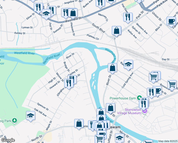 map of restaurants, bars, coffee shops, grocery stores, and more near 25 Cooley Street in Agawam