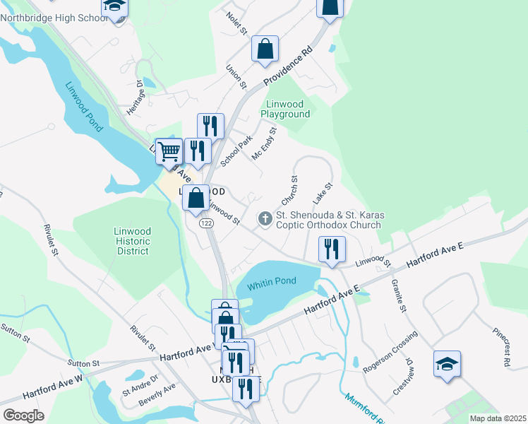 map of restaurants, bars, coffee shops, grocery stores, and more near 18 Wall Street in Uxbridge