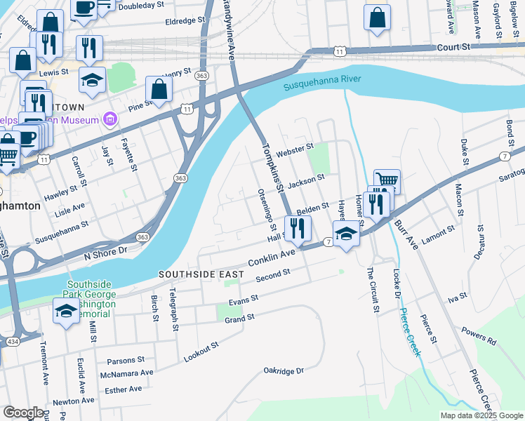 map of restaurants, bars, coffee shops, grocery stores, and more near 30 Jackson Street in Binghamton