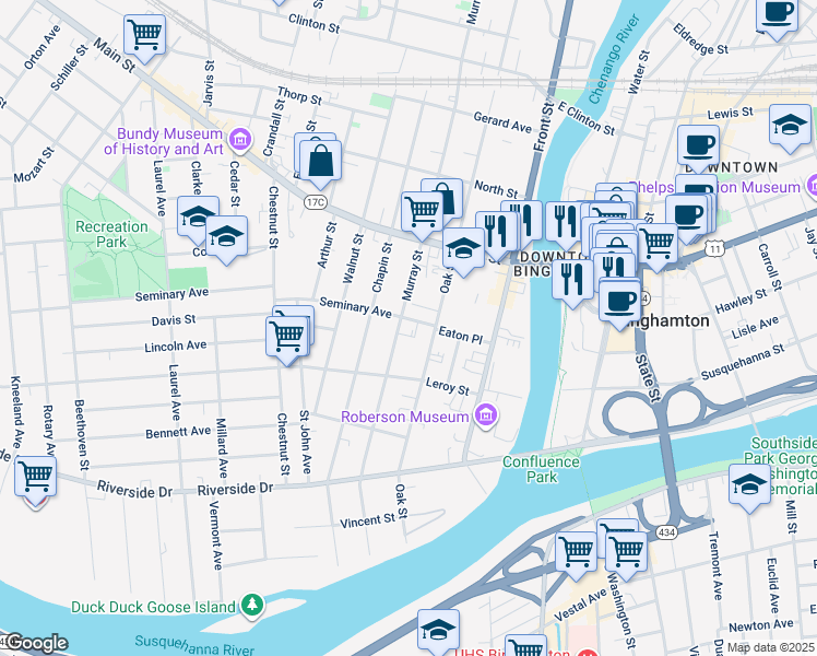 map of restaurants, bars, coffee shops, grocery stores, and more near 2 Chapel Place in Binghamton