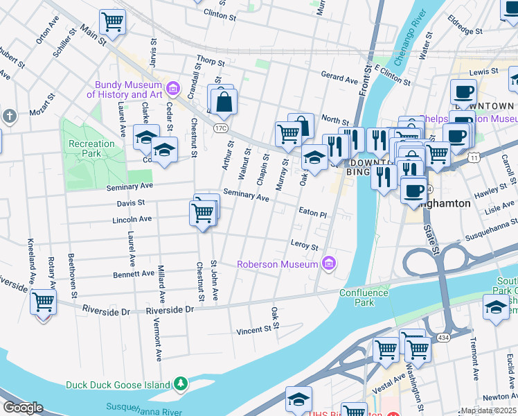 map of restaurants, bars, coffee shops, grocery stores, and more near 22 Seminary Avenue in Binghamton