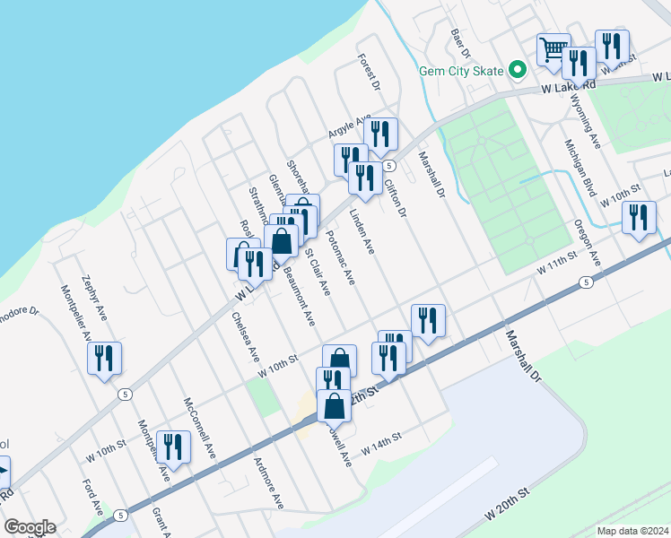 map of restaurants, bars, coffee shops, grocery stores, and more near 719 St Clair Ave in Erie