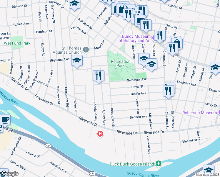 map of restaurants, bars, coffee shops, grocery stores, and more near Beethoven Street & Davis Street in Binghamton