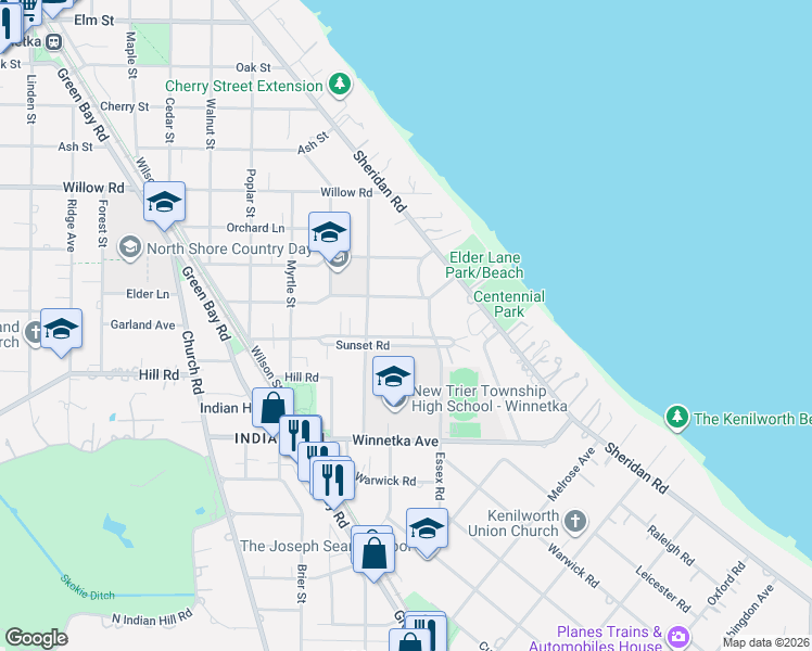 map of restaurants, bars, coffee shops, grocery stores, and more near 368 Elder Lane in Winnetka