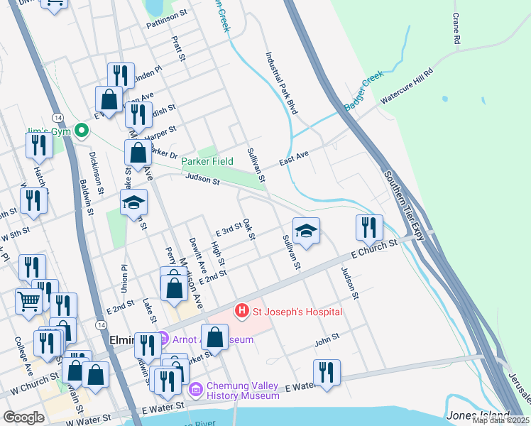 map of restaurants, bars, coffee shops, grocery stores, and more near 257-267 Judson Street in Elmira