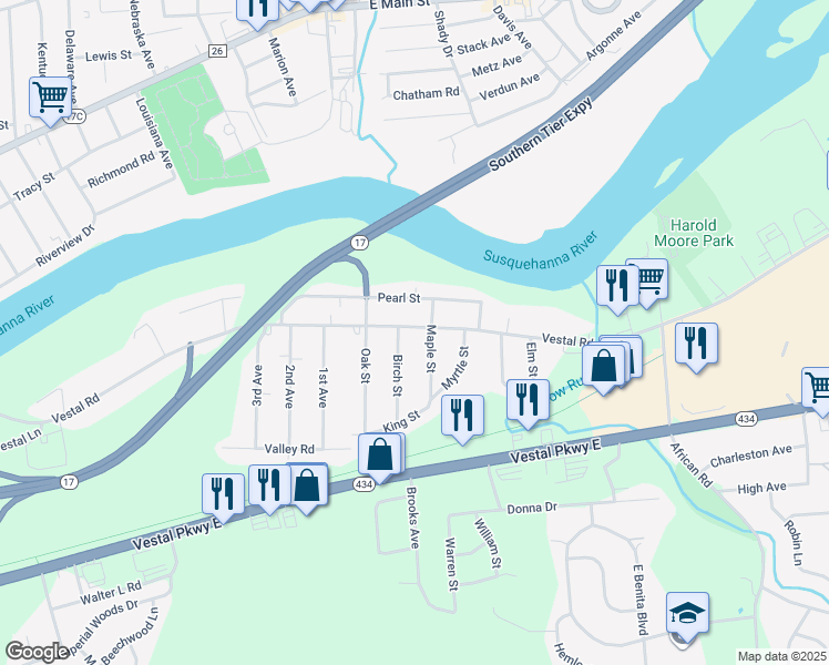 map of restaurants, bars, coffee shops, grocery stores, and more near 1808 Vestal Road in Vestal