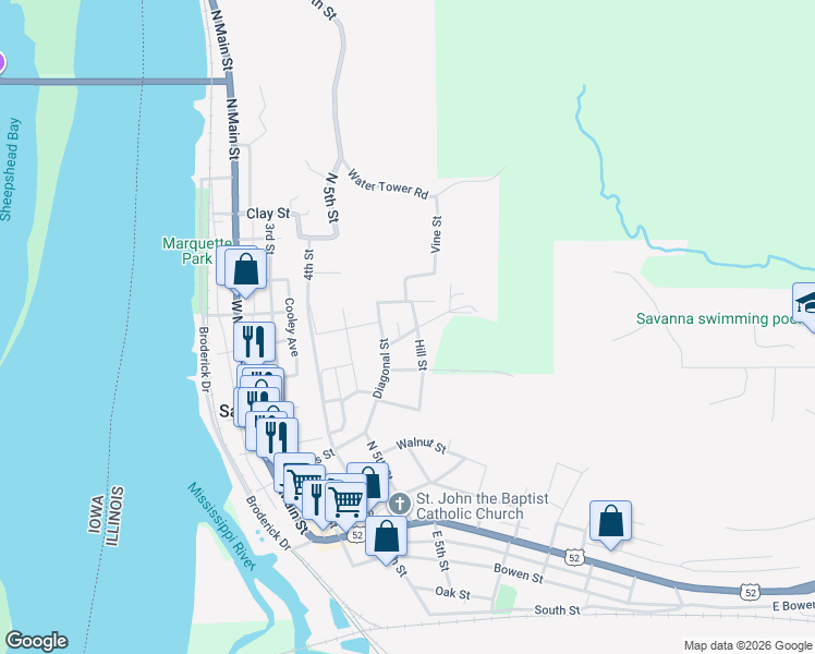 map of restaurants, bars, coffee shops, grocery stores, and more near 23-29 Summit Ave in Savanna