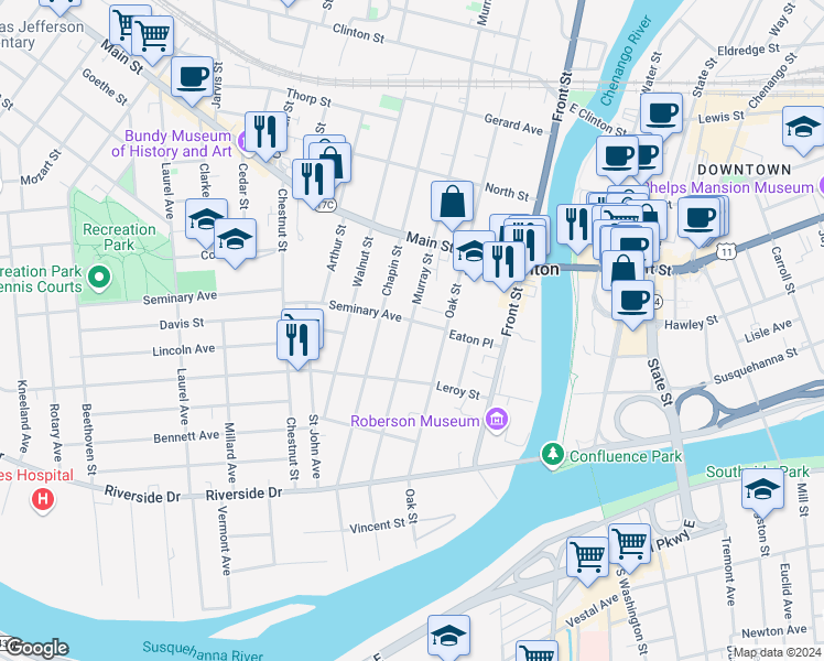 map of restaurants, bars, coffee shops, grocery stores, and more near 9 Seminary Avenue in Binghamton