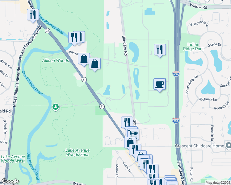 map of restaurants, bars, coffee shops, grocery stores, and more near 3100 Sanders Road in Northbrook