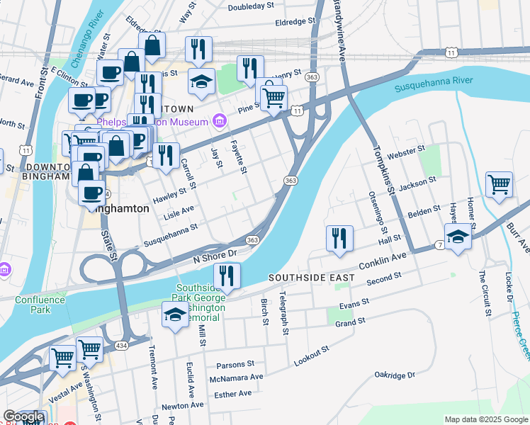 map of restaurants, bars, coffee shops, grocery stores, and more near 165 Susquehanna Street in Binghamton