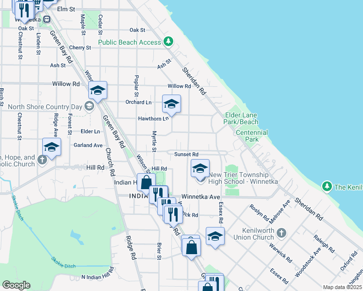 map of restaurants, bars, coffee shops, grocery stores, and more near 444 Elder Lane in Winnetka