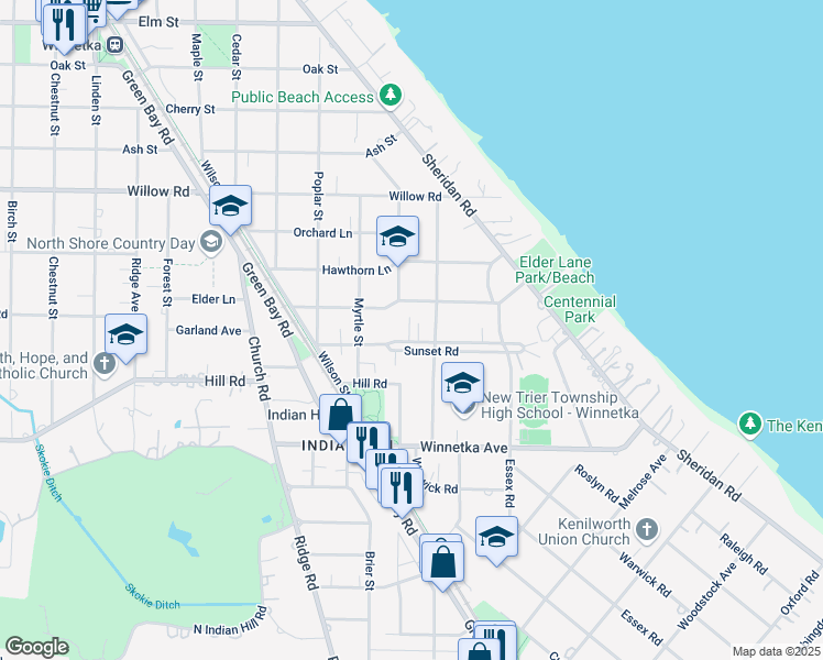 map of restaurants, bars, coffee shops, grocery stores, and more near 444 Elder Lane in Winnetka