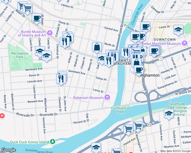 map of restaurants, bars, coffee shops, grocery stores, and more near Oak St & Seminary Ave in Binghamton