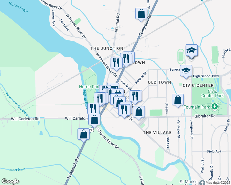 map of restaurants, bars, coffee shops, grocery stores, and more near 28725 Telegraph Road in Flat Rock