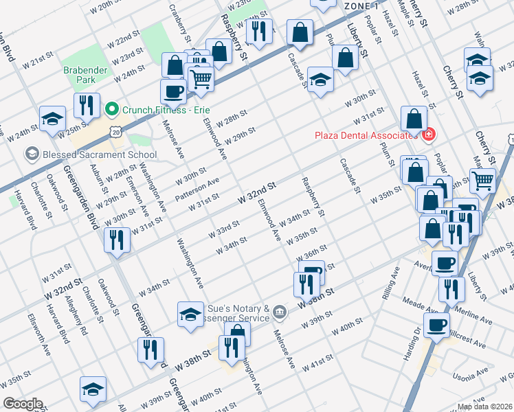 map of restaurants, bars, coffee shops, grocery stores, and more near 1211 West 32nd Street in Erie
