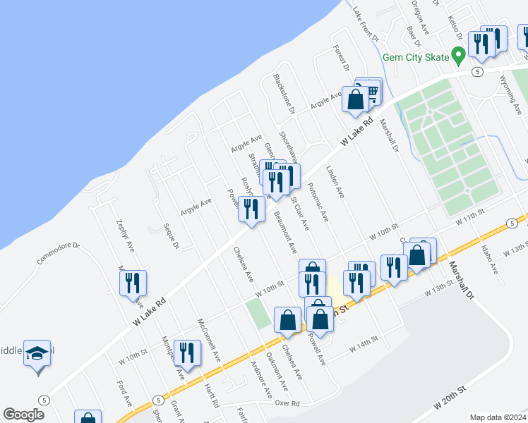 map of restaurants, bars, coffee shops, grocery stores, and more near  in Erie County