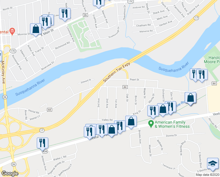 map of restaurants, bars, coffee shops, grocery stores, and more near 1504 Old Vestal Road in Vestal