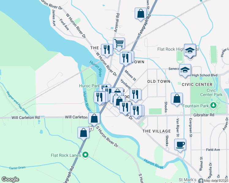 map of restaurants, bars, coffee shops, grocery stores, and more near 28725 Telegraph Road in Flat Rock