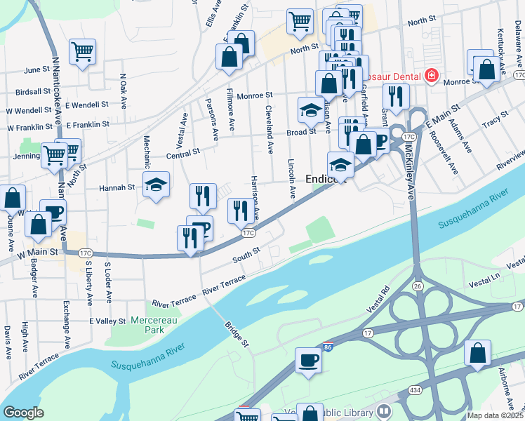 map of restaurants, bars, coffee shops, grocery stores, and more near 311 Harrison Avenue in Endicott
