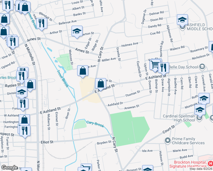 map of restaurants, bars, coffee shops, grocery stores, and more near 33 Thayer Street in Brockton