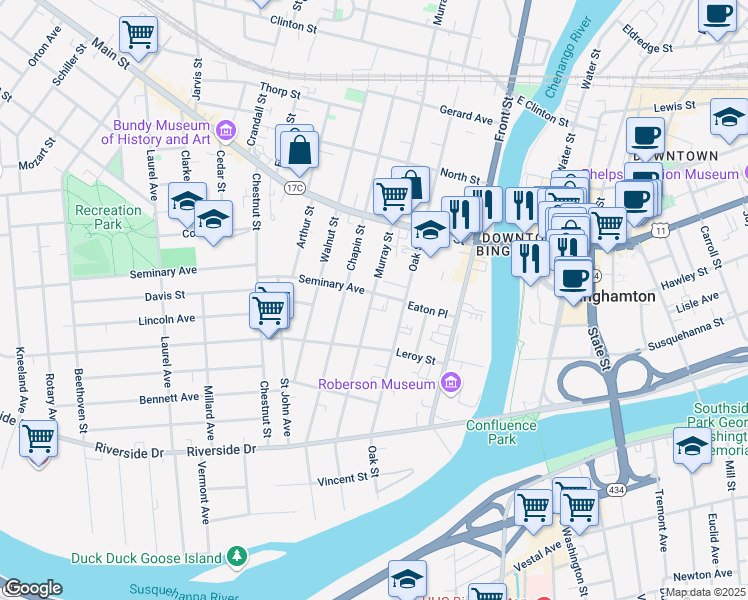 map of restaurants, bars, coffee shops, grocery stores, and more near 92 Murray Street in Binghamton