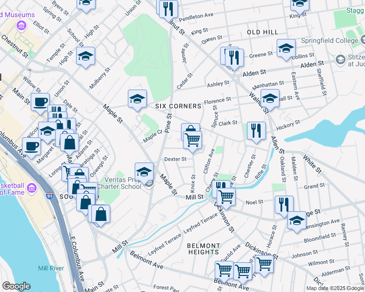 map of restaurants, bars, coffee shops, grocery stores, and more near 46-48 Windsor Street in Springfield
