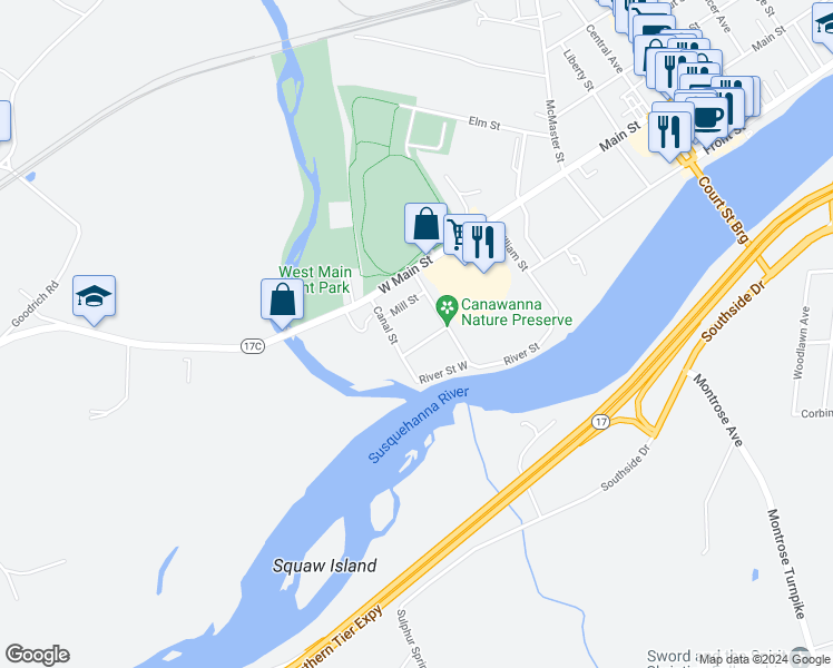 map of restaurants, bars, coffee shops, grocery stores, and more near 1 West Front Street in Owego