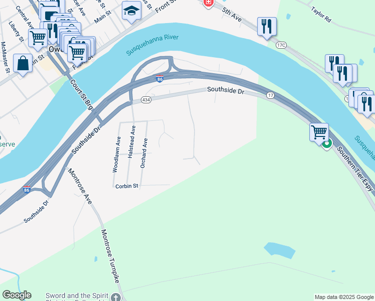 map of restaurants, bars, coffee shops, grocery stores, and more near 140 Belva Lockwood Lane in Owego