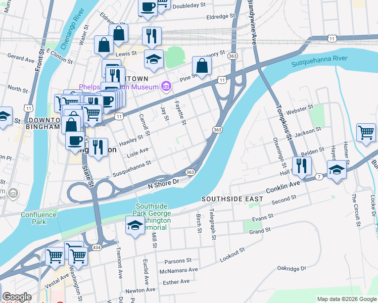 map of restaurants, bars, coffee shops, grocery stores, and more near 165 Susquehanna Street in Binghamton