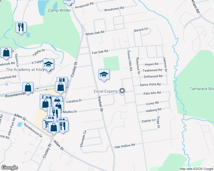 map of restaurants, bars, coffee shops, grocery stores, and more near 1781 Parker Street in Springfield