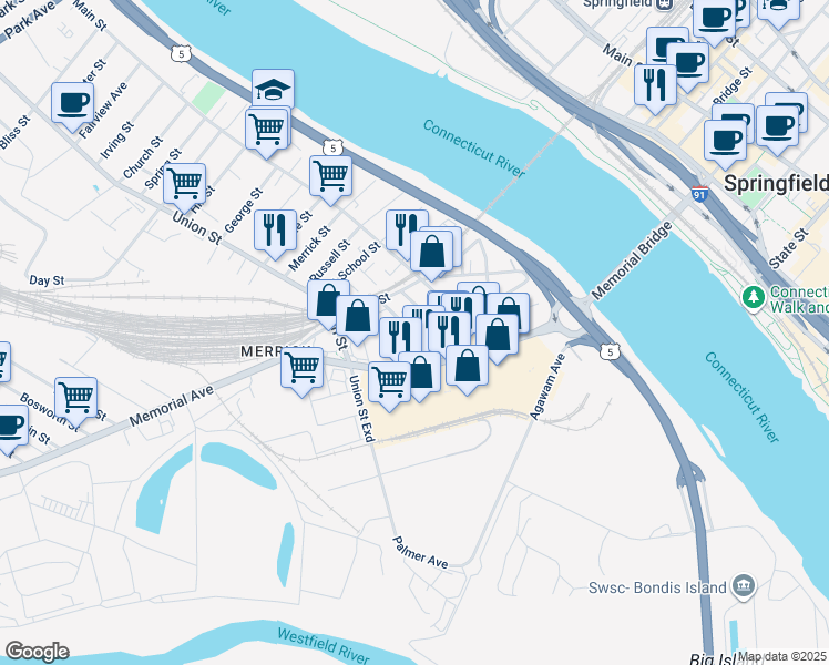 map of restaurants, bars, coffee shops, grocery stores, and more near 151 New Bridge Street in West Springfield