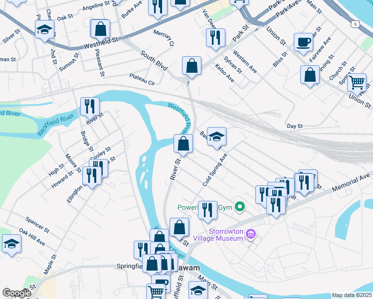 map of restaurants, bars, coffee shops, grocery stores, and more near 269 River Street in West Springfield