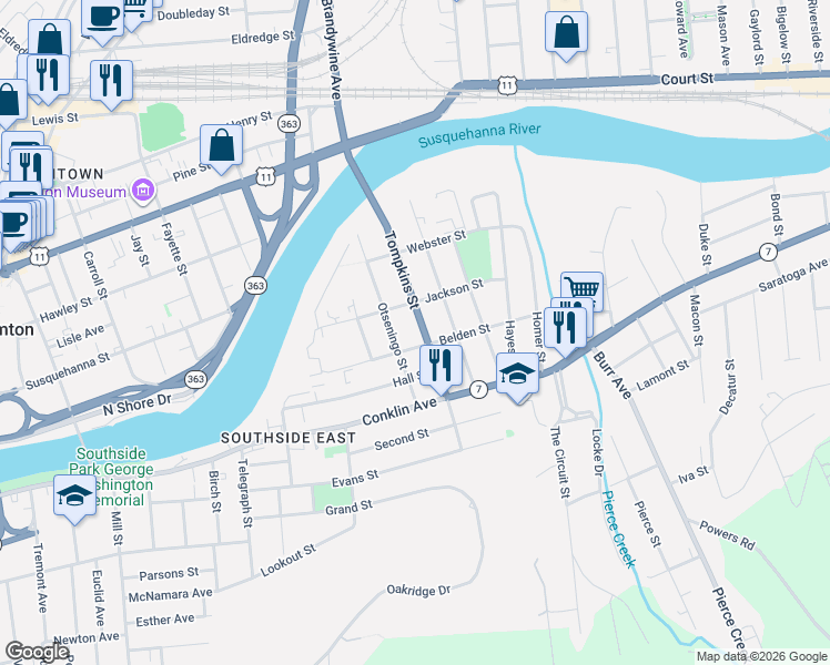 map of restaurants, bars, coffee shops, grocery stores, and more near 30 Jackson Street in Binghamton