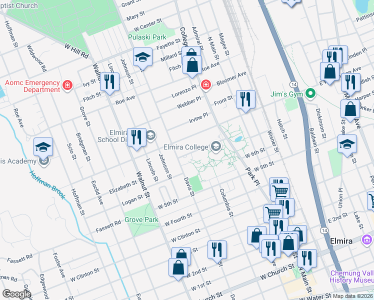 map of restaurants, bars, coffee shops, grocery stores, and more near 337 W Washington Ave in Elmira