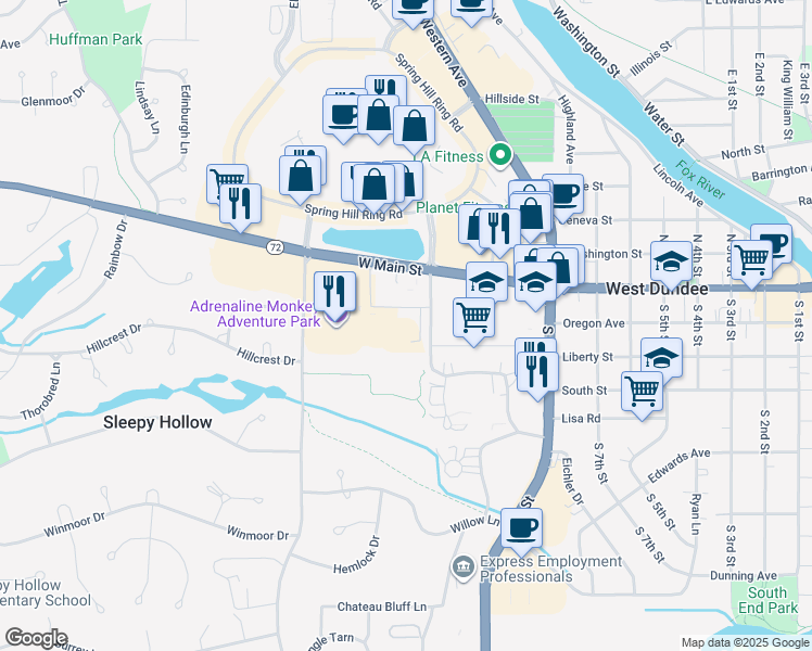 map of restaurants, bars, coffee shops, grocery stores, and more near 939 West Main Street in West Dundee