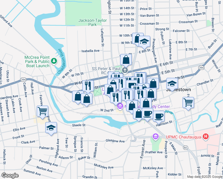 map of restaurants, bars, coffee shops, grocery stores, and more near 402 Lafayette Street in Jamestown